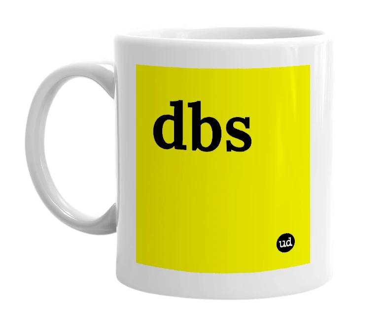 White mug with 'dbs' in bold black letters