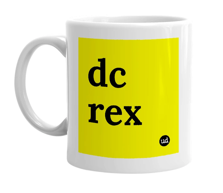 White mug with 'dc rex' in bold black letters