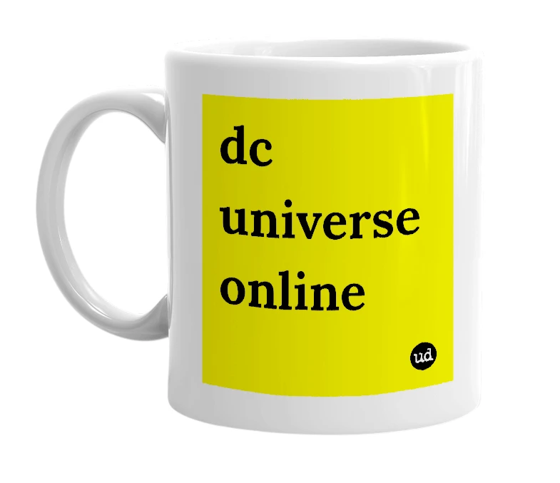 White mug with 'dc universe online' in bold black letters