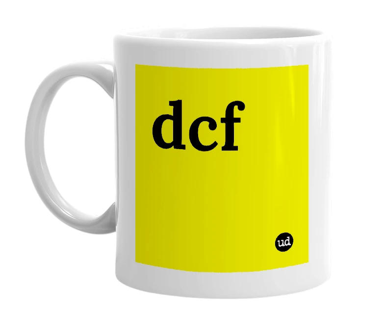 White mug with 'dcf' in bold black letters