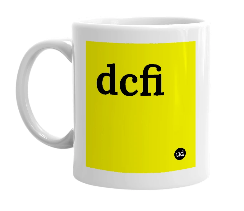 White mug with 'dcfi' in bold black letters