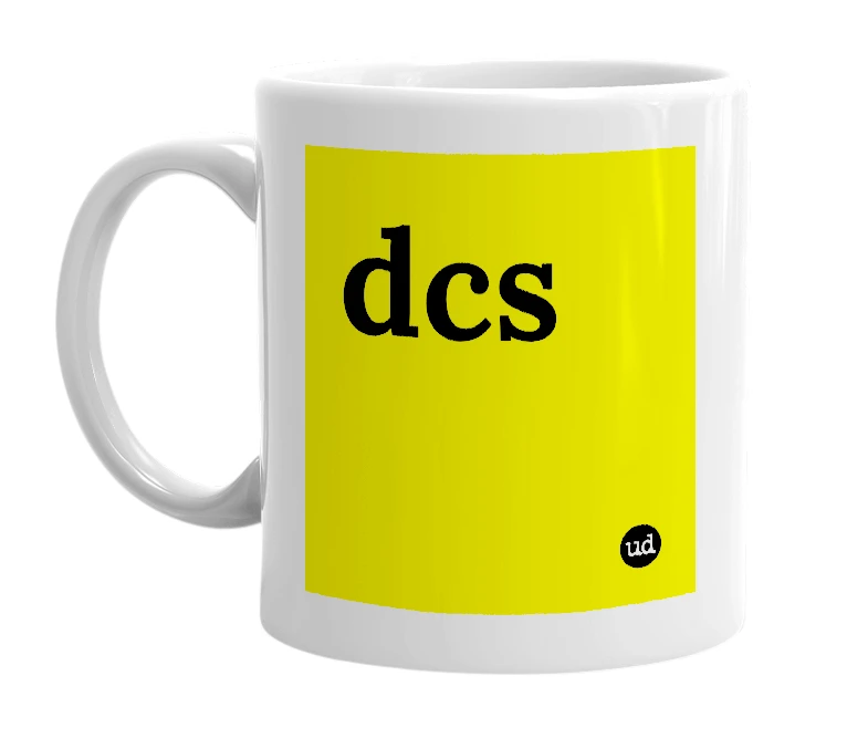 White mug with 'dcs' in bold black letters