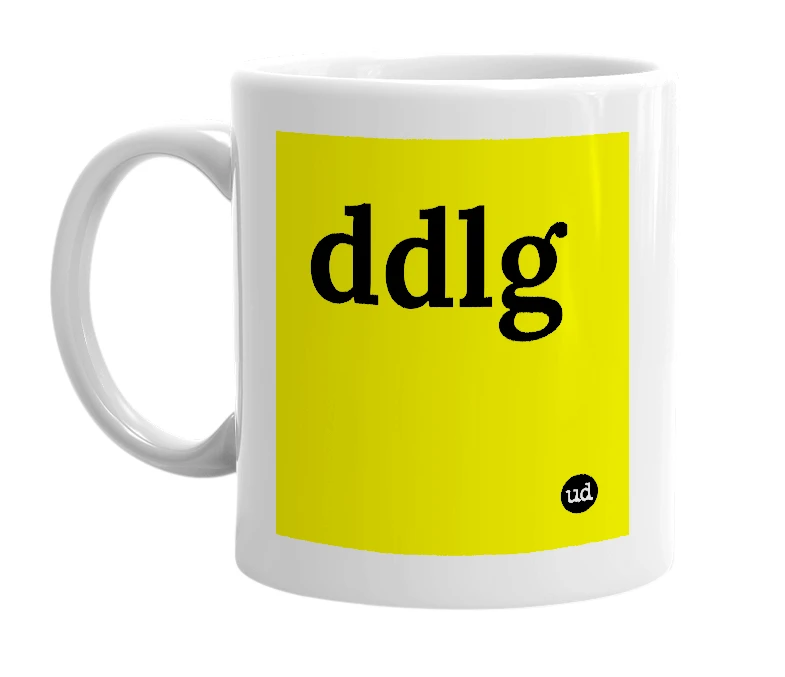 White mug with 'ddlg' in bold black letters