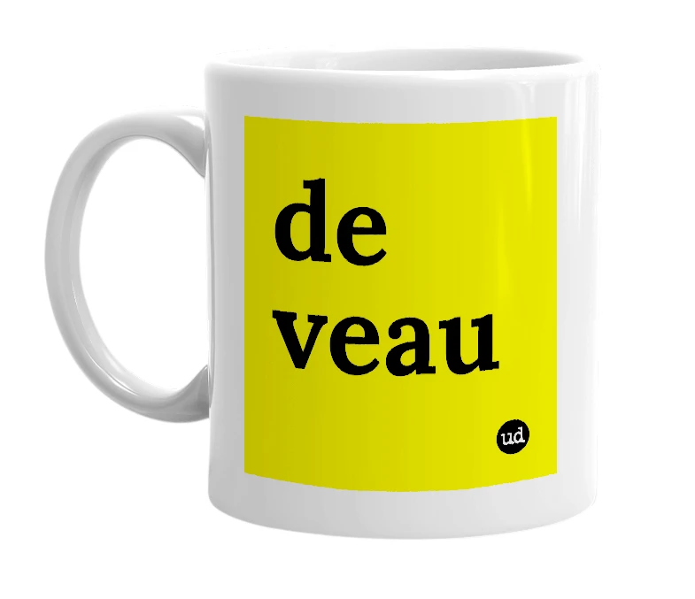 White mug with 'de veau' in bold black letters