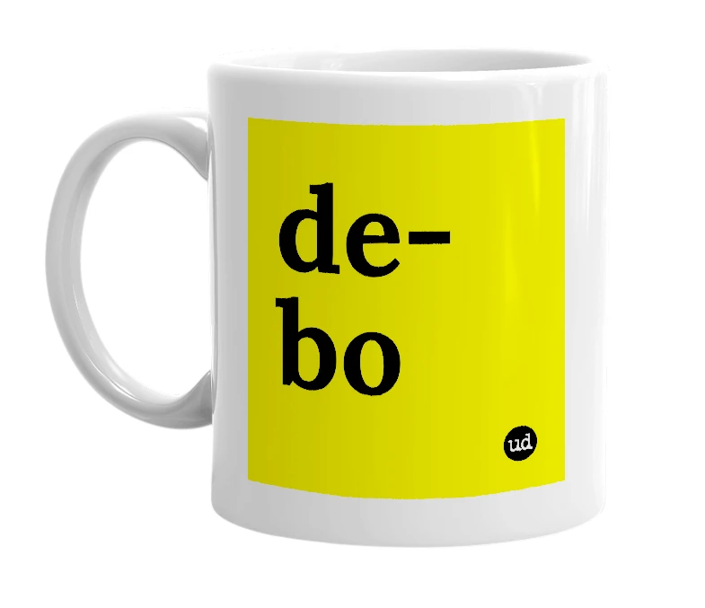 White mug with 'de-bo' in bold black letters