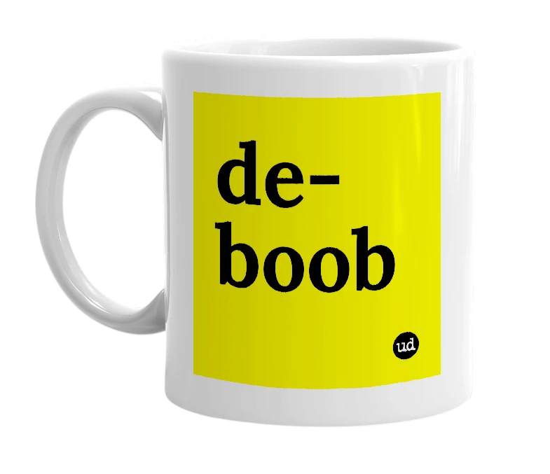 White mug with 'de-boob' in bold black letters