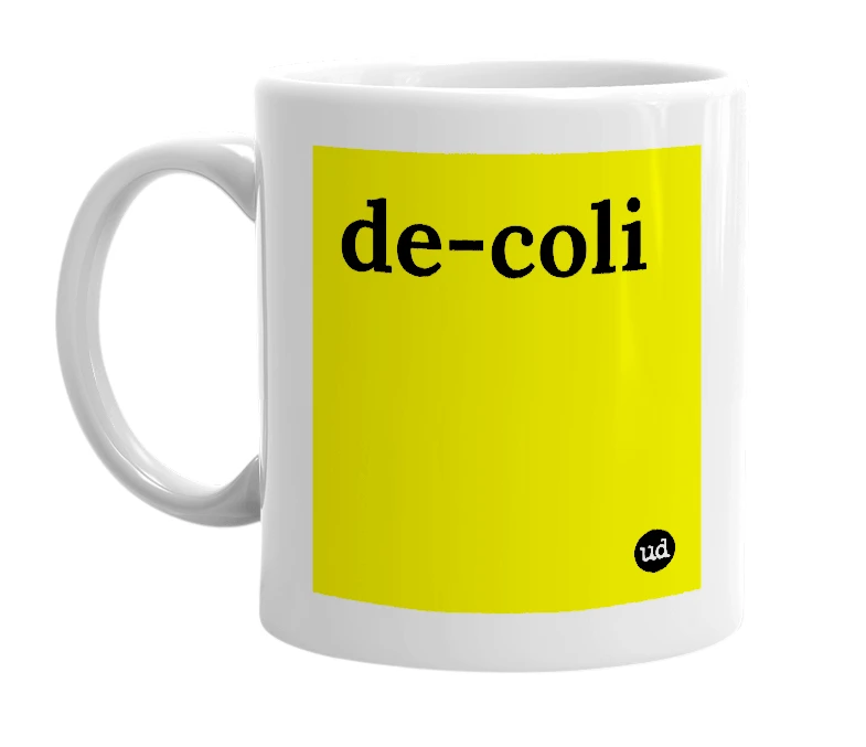 White mug with 'de-coli' in bold black letters