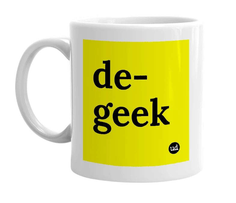 White mug with 'de-geek' in bold black letters