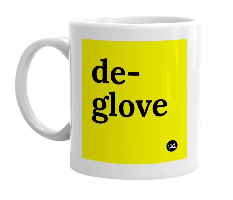 White mug with 'de-glove' in bold black letters