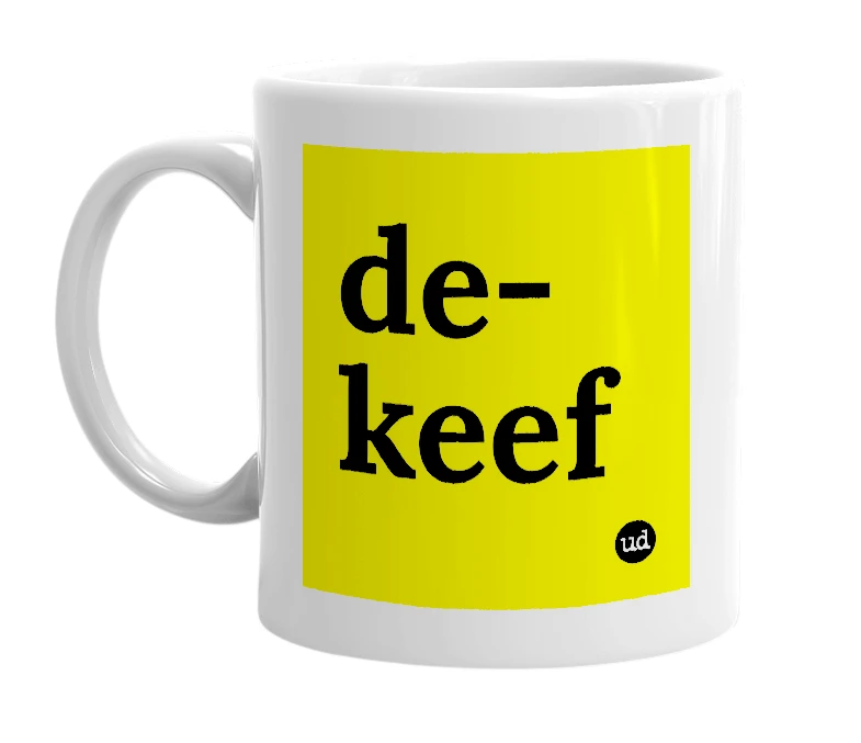 White mug with 'de-keef' in bold black letters