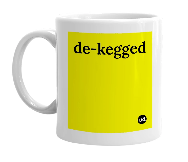 White mug with 'de-kegged' in bold black letters