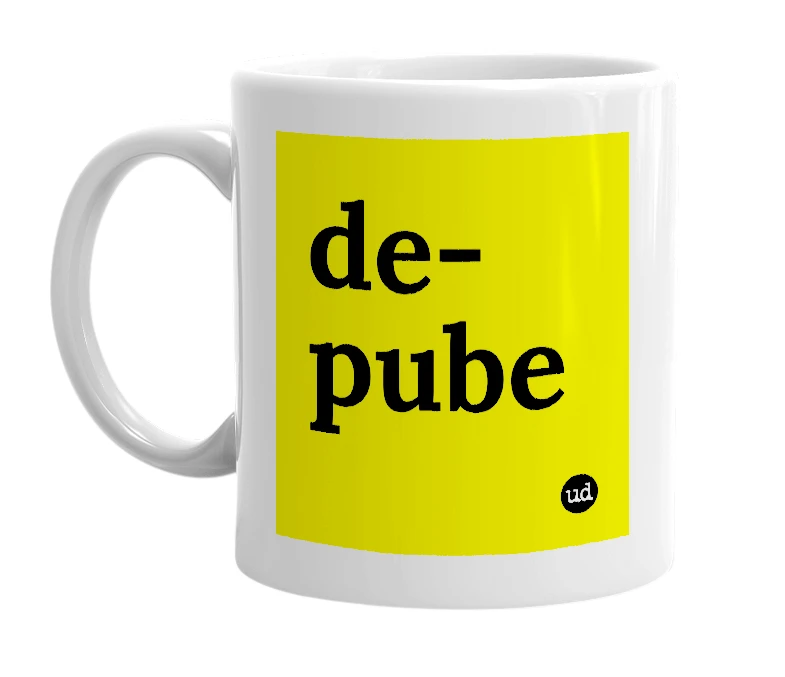 White mug with 'de-pube' in bold black letters