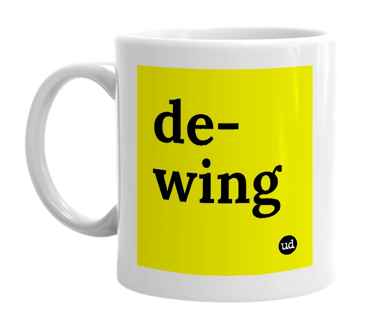 White mug with 'de-wing' in bold black letters