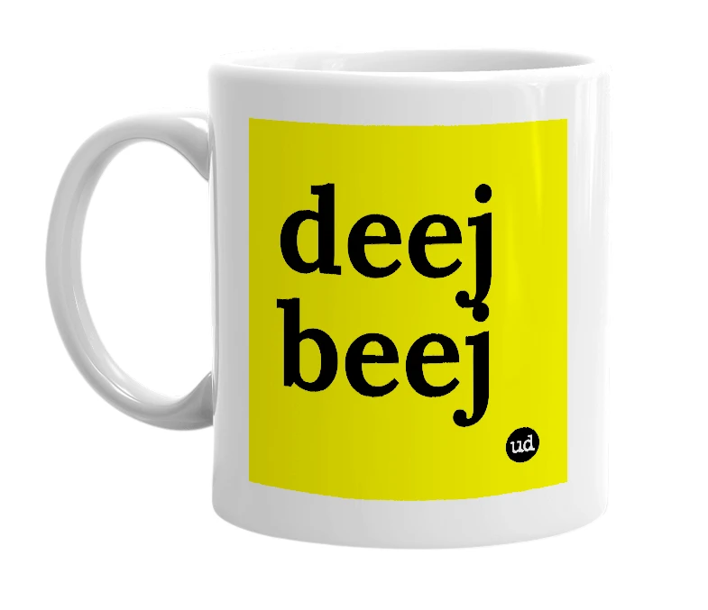 White mug with 'deej beej' in bold black letters