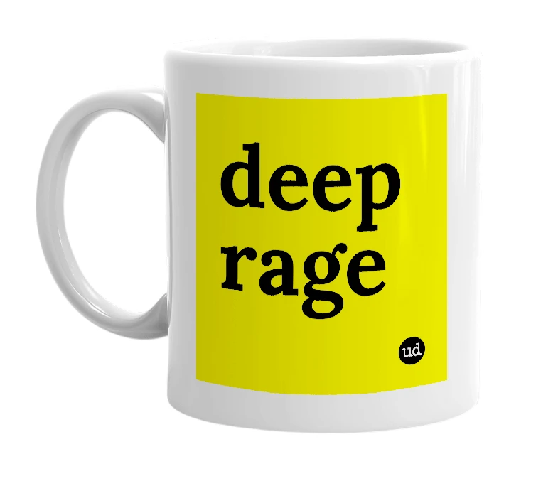 White mug with 'deep rage' in bold black letters