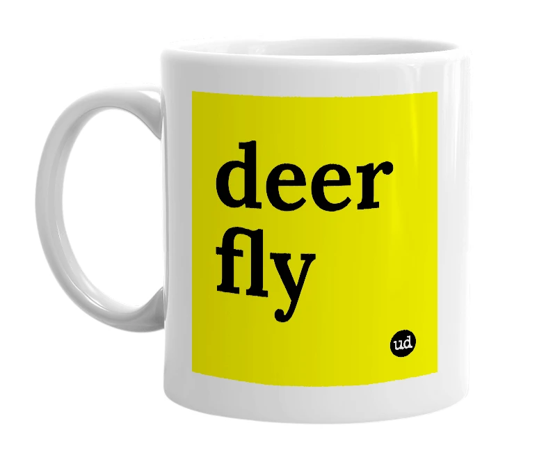 White mug with 'deer fly' in bold black letters