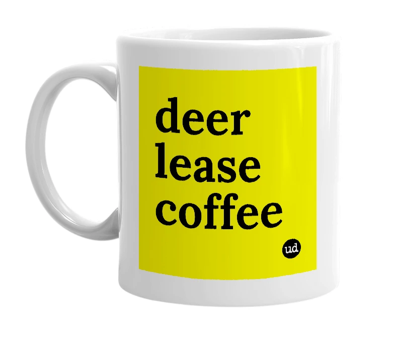 White mug with 'deer lease coffee' in bold black letters