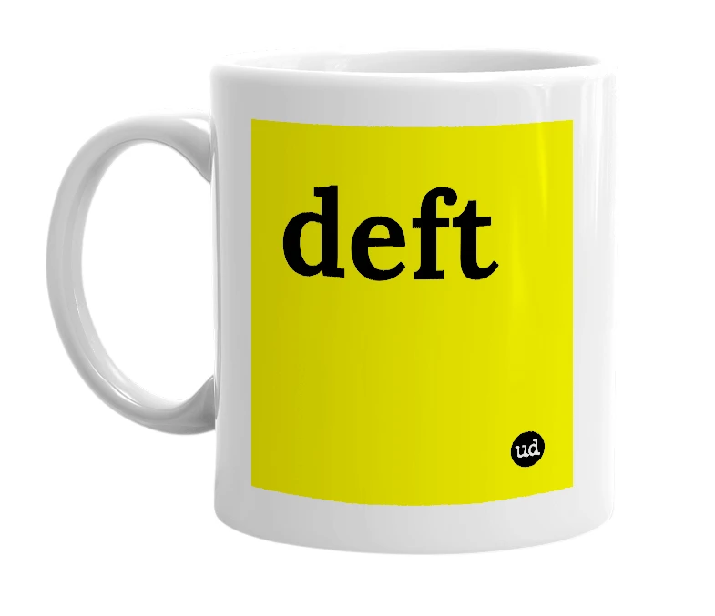White mug with 'deft' in bold black letters