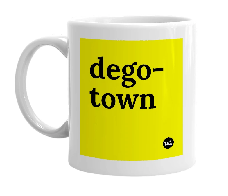 White mug with 'dego-town' in bold black letters