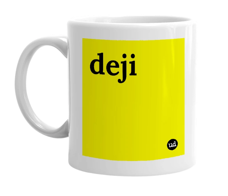 White mug with 'deji' in bold black letters