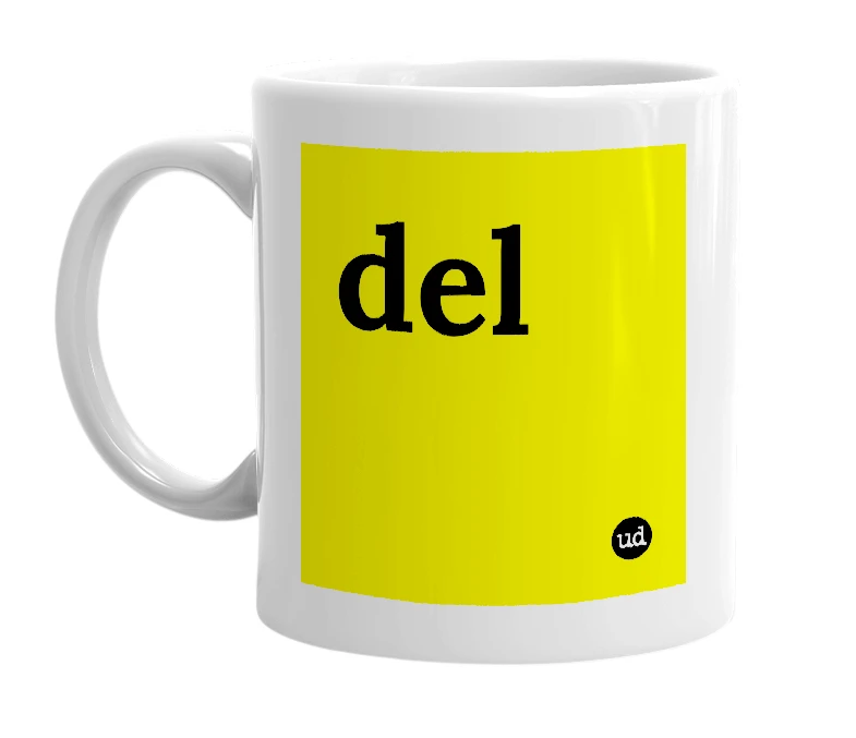 White mug with 'del' in bold black letters