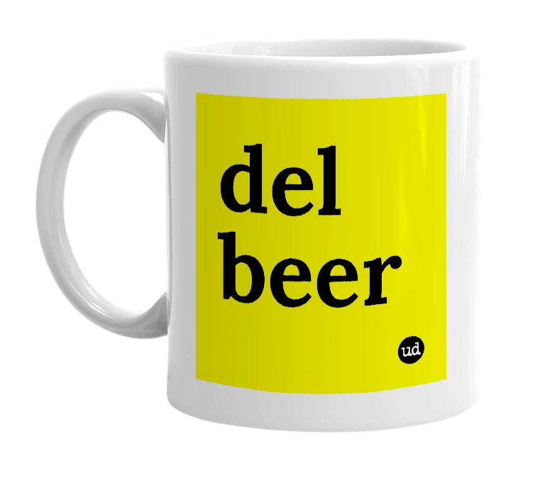 White mug with 'del beer' in bold black letters