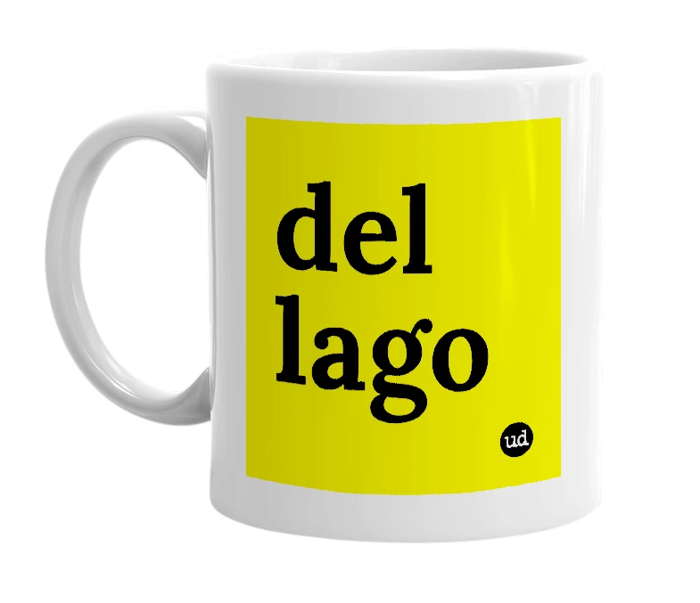 White mug with 'del lago' in bold black letters
