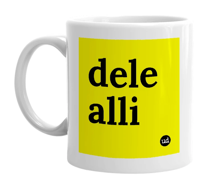 White mug with 'dele alli' in bold black letters