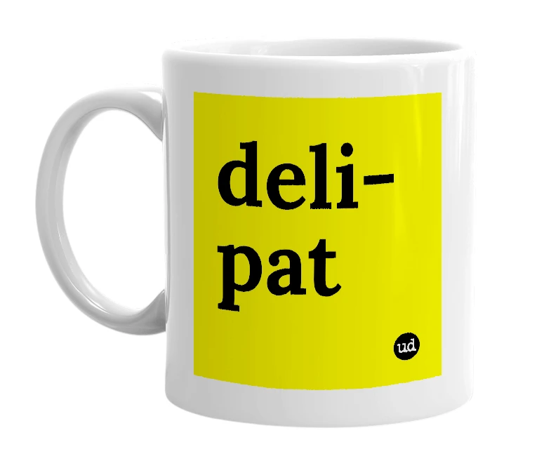 White mug with 'deli-pat' in bold black letters