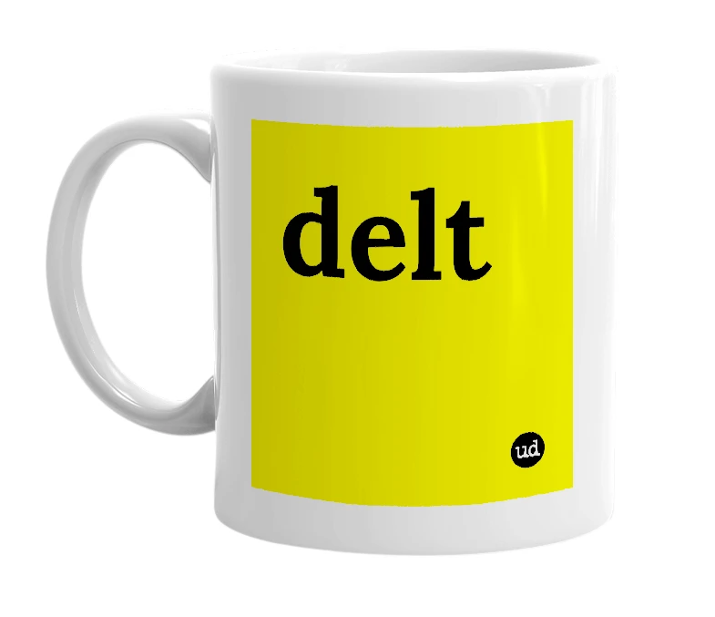 White mug with 'delt' in bold black letters