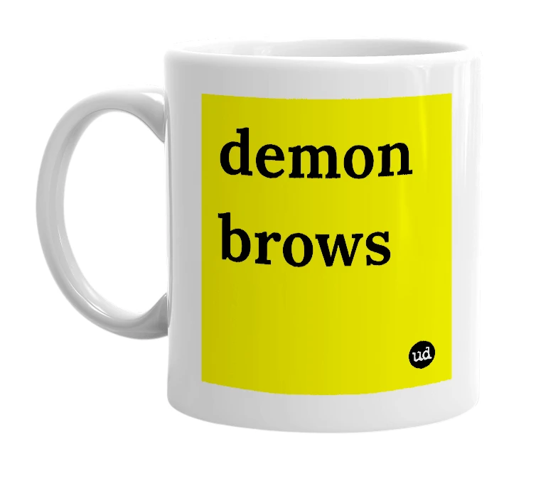 White mug with 'demon brows' in bold black letters