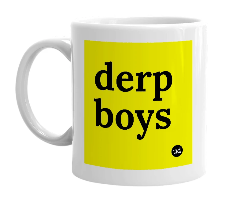 White mug with 'derp boys' in bold black letters