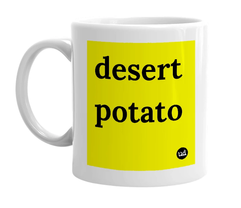White mug with 'desert potato' in bold black letters