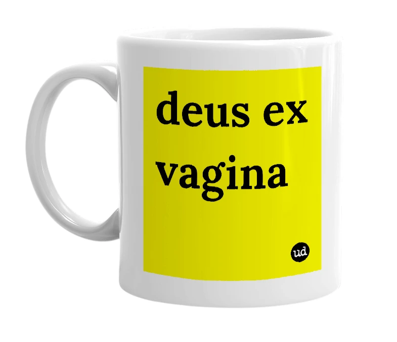 White mug with 'deus ex vagina' in bold black letters