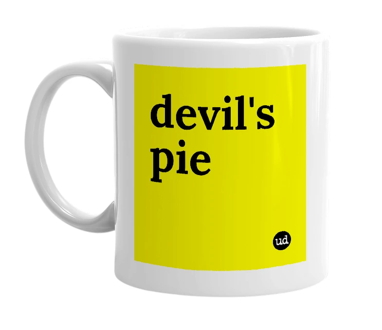 White mug with 'devil's pie' in bold black letters