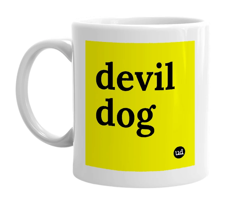 White mug with 'devil dog' in bold black letters