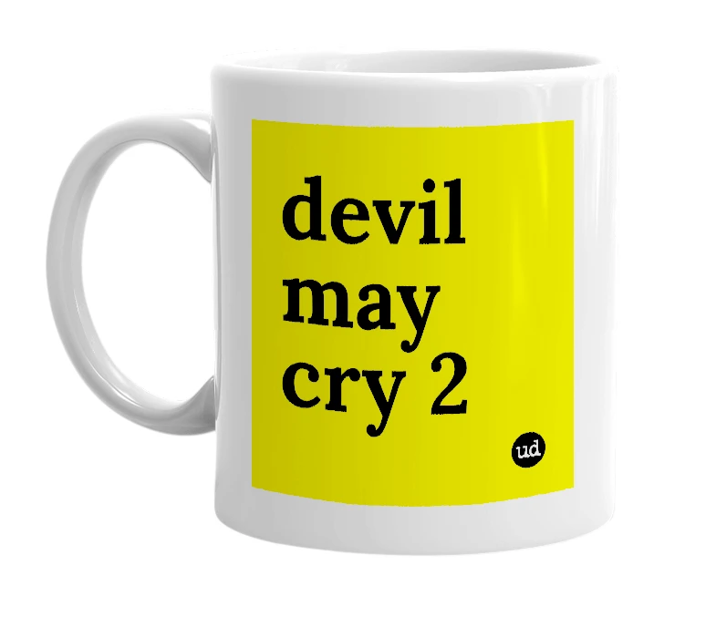 White mug with 'devil may cry 2' in bold black letters