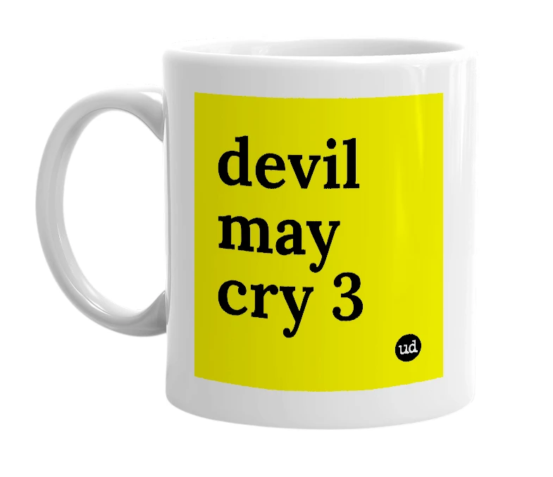 White mug with 'devil may cry 3' in bold black letters