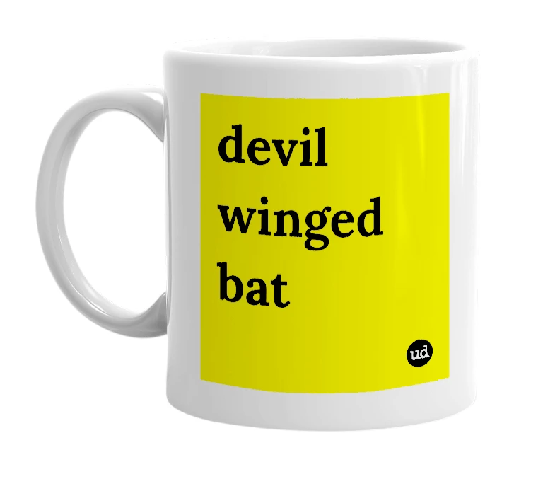 White mug with 'devil winged bat' in bold black letters