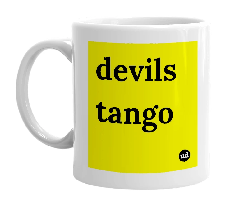 White mug with 'devils tango' in bold black letters