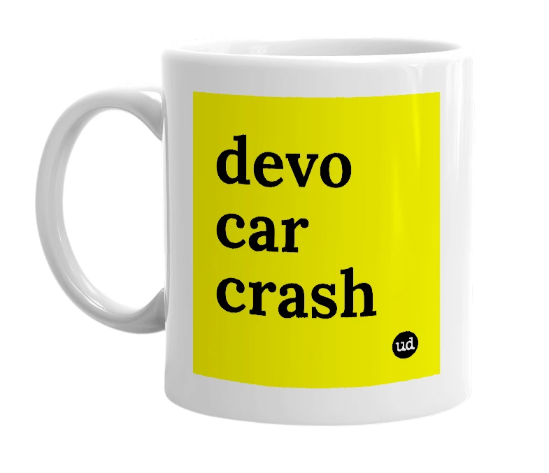 White mug with 'devo car crash' in bold black letters