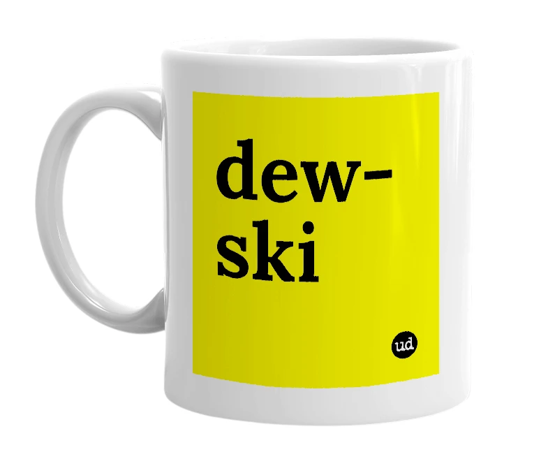 White mug with 'dew-ski' in bold black letters