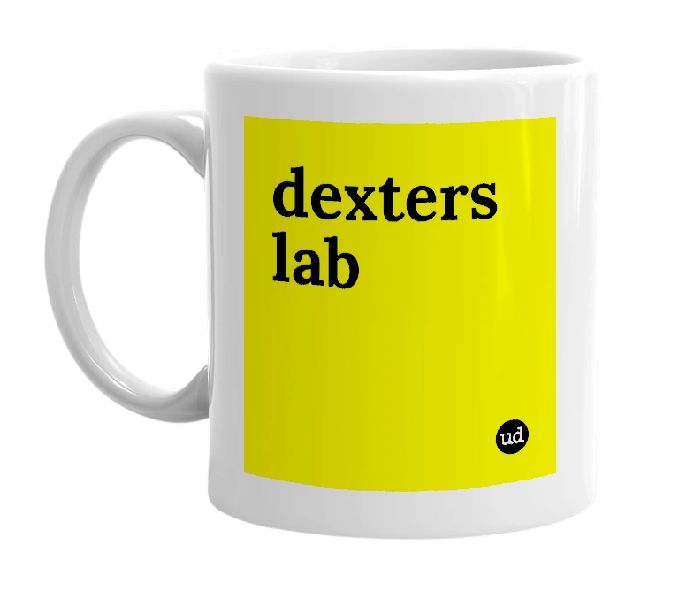 White mug with 'dexters lab' in bold black letters