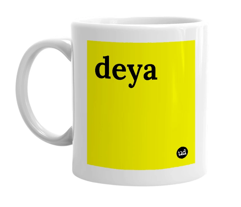 White mug with 'deya' in bold black letters