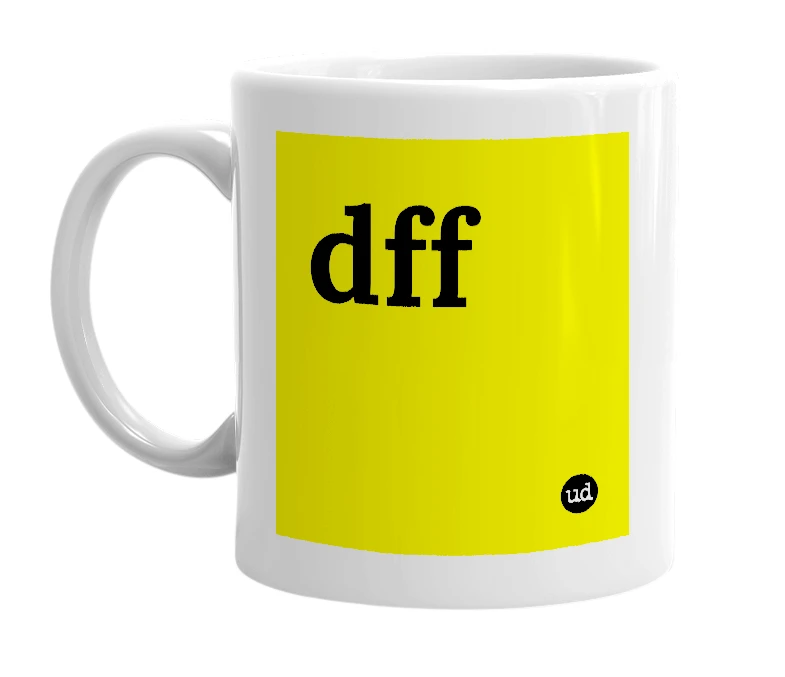 White mug with 'dff' in bold black letters