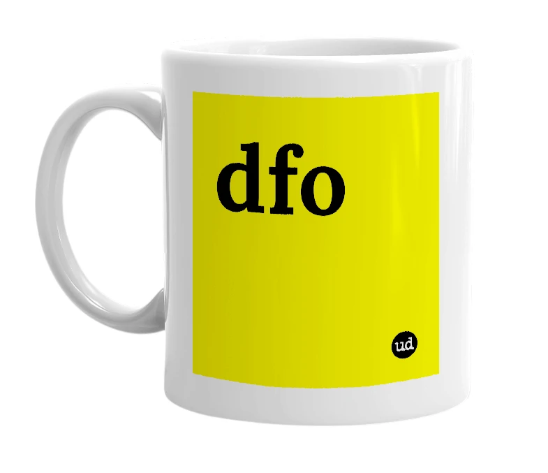 White mug with 'dfo' in bold black letters