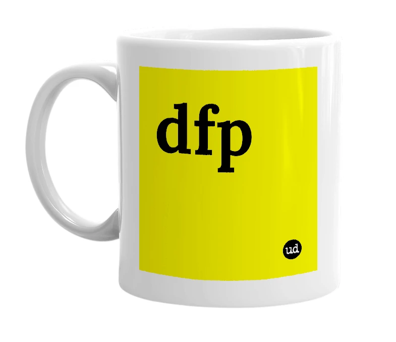 White mug with 'dfp' in bold black letters