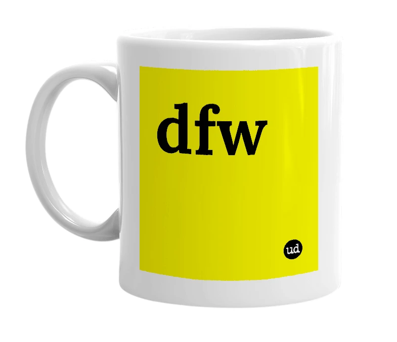 White mug with 'dfw' in bold black letters