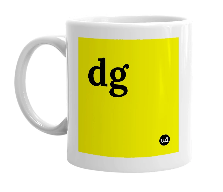 White mug with 'dg' in bold black letters