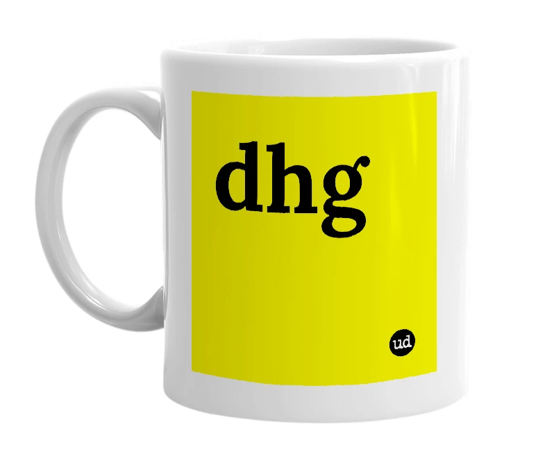 White mug with 'dhg' in bold black letters